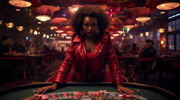 A lady posing next to a roulette table with a business face